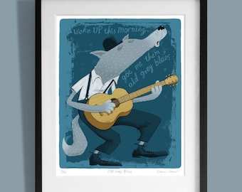 May include: A cartoon wolf wearing a hat and overalls plays a guitar and sings the lyrics "Woke up this morning... got me them old grey blues".