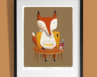 May include: A framed illustration of a fox wearing a yellow plaid shirt and a white bib, sitting at a table and eating soup from a bowl. The fox is holding a spoon in its right paw and there is a can of soup on the table. The illustration is titled "Soup of the Day" and signed "Sam Cooper".