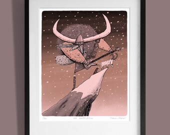 May include: A black and white illustration of a Viking playing a guitar on a snowy mountaintop. The Viking has a horned helmet and a long beard. A small goat stands on the mountain next to him. The image is titled "Ulf Wolfstien" and signed "Sam Cooper".