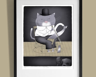 May include: A black and white illustration of a cat wearing a black bowler hat and a white shirt, sitting on a chair and playing a saw like a violin. The cat is labeled "Cat Saw" and the artist is labeled "Simon Cooper".