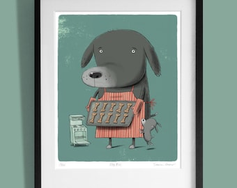 Limited edition Giclée print of dog baking biscuits. Signed by illustrator Simon Cooper