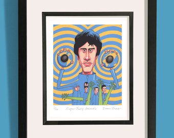 May include: A framed print of a cartoon illustration of a band called "Super Fairy Animals". The band members are wearing blue jumpsuits and holding celery stalks. The lead singer is holding two globes in his hands. The print is signed "Simon Cogger".