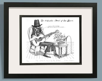 May include: A black and white illustration of a man playing a guitar with a microphone in front of him. The text "The Authentic Sound of the Blues" is at the top of the image. The text "wake up this morning had me a bowl of rice crisps... POP Crackle HiSss" is in a speech bubble above the man's head. The text "The Authentic Sound of the Blues" is at the bottom of the image. The text "Simon Comer" is at the bottom right of the image.