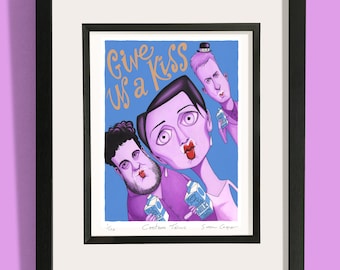 May include: A framed print of a cartoon illustration featuring three people with the text "Give Us a Kiss" in gold lettering. The people are holding cartons of milk and are depicted in a whimsical style.