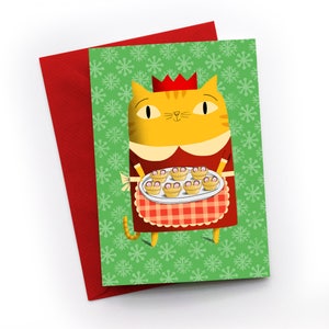 Imágenes de ratones navideños. Tarjeta navideña con un felino festivo que ofrece pasteles a los ratones.
