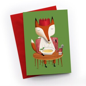 Soupe de saison. Carte de Noël représentant un renard festif dégustant un bol de soupe à la dinde.
