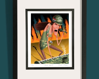 May include: A digital illustration of a woman in a military uniform singing into a microphone while playing a keyboard. She is wearing a helmet with the words "Make Love Not War" and a peace sign. The background is a fiery orange and black.