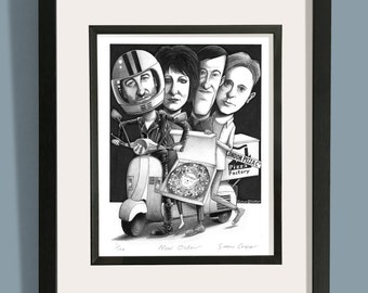 May include: Black and white illustration of a band, New Order, delivering a pizza on a scooter. The band members are wearing helmets and holding a pizza box. The text "London Pizza Co. Pizza Factory" is on the pizza box.