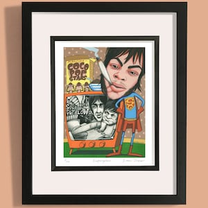 Impresión de Supergrass. Impresión Giclée de edición limitada de una obra de arte original encargada por NME. Firmada por el ilustrador Simon Cooper