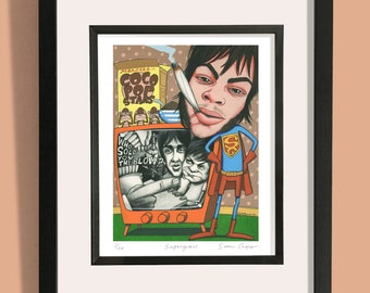 May include: A framed print of a cartoon illustration featuring a man with a cigarette in his mouth, a cereal box, and a television screen with a band on it. The text on the television screen reads "Who Sold You The Blow?" and the text on the cereal box reads "Manaze Coco Pop Stars". The print is signed "Supergrass" and "Simm Cogar".