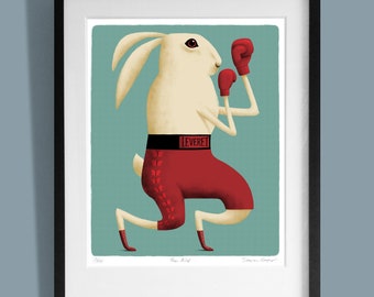 May include: A white rabbit wearing red boxing gloves and red shorts with a black waistband that says "LEVERET". The rabbit is in a fighting stance with one leg raised and the other leg bent. The background is a light blue color.