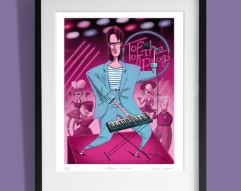 May include: A framed art print featuring a stylized illustration of a musician playing a keyboard on a stage. The musician wears a blue suit and striped shirt. The background is a pink and purple stage with the text "Top of the Pops".