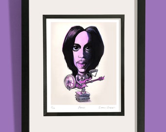 May include: A caricature of Prince playing a guitar and holding a drum with a peace sign on it. He is standing on a stack of books with the word "THE BIBLE" on the top book. The image is signed "Prince" and "Samir Cooper".