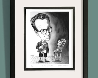 May include: Black and white caricature drawing of Elvis Costello with a teddy bear tied to a chair. The drawing is signed "Elvis Costello" and "Simon Cooper".