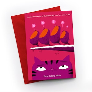 Appel aux oiseaux. Carte de Noël représentant quatre oiseaux et un chat.