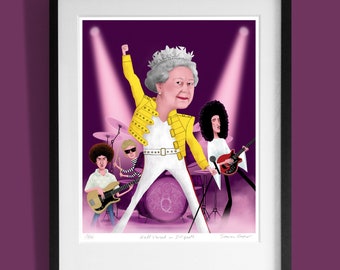 May include: A cartoon illustration of Queen Elizabeth II dressed as Freddie Mercury from the band Queen, performing on stage with the rest of the band. The image is titled "We Will Rock You Elizabeth" and signed by the artist, Simon Cooper.