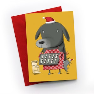 Kerstkoekjes. Wenskaart met kersthoektanden die koekjes bakken.