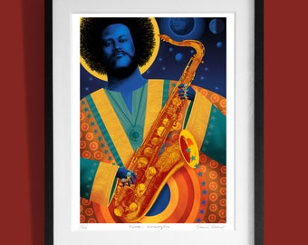 May include: A colorful illustration of a man playing a saxophone. He is wearing a yellow, green, and orange patterned shirt and has a blue face. The background is a dark blue with stars and planets.