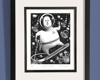 May include: Black and white framed print featuring a whimsical astronaut figure surfing through space. The artwork includes planets, spaceships, and the text "Frank Black" and "Simon Cooper". The astronaut is wearing a space suit and helmet.