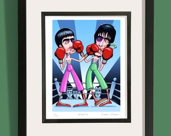 May include: A cartoon illustration of two boxers in a boxing ring. The boxer on the left is wearing pink shorts and red boxing gloves. The boxer on the right is wearing green shorts and red boxing gloves. The illustration is titled "Oasis" and signed "Simon  Cooper".