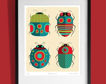 Beetlemania print. Limited edition giclée print of 4 colourful bugs. Designed by Simon Cooper