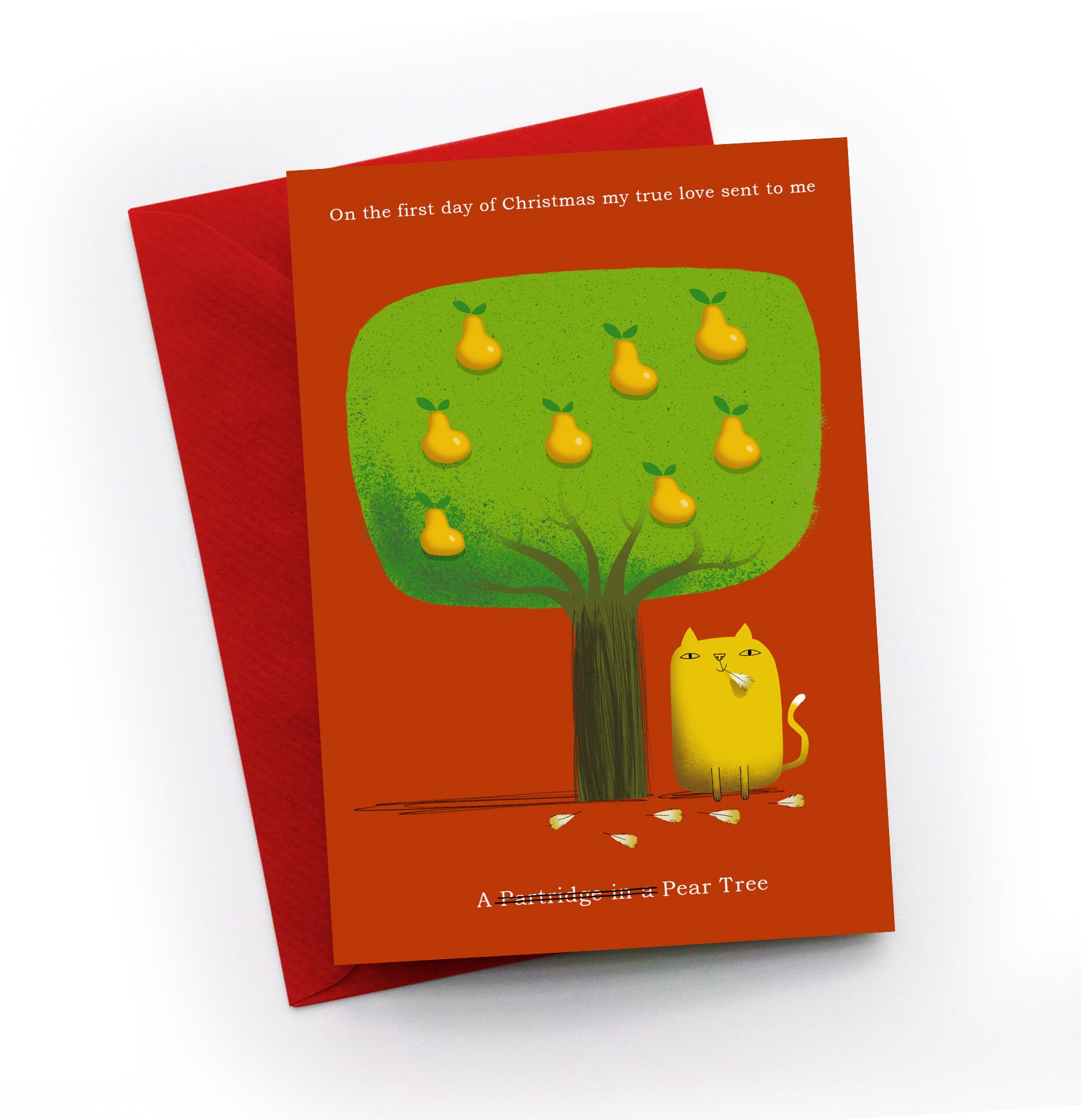 Pear Tree. Christmas Card Featuring a Cat and a Pear Tree. Etsy UK