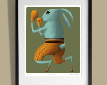 May include: A blue rabbit wearing boxing gloves and orange shorts with a pattern of bees. The rabbit is in a fighting stance with its left leg forward. The background is a muted green color. The text "The Duke" is printed below the rabbit.