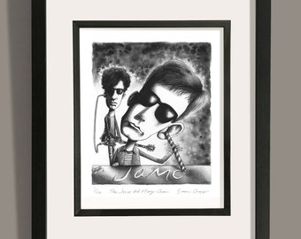 May include: Black and white illustration of two men, one with sunglasses and a striped shirt, the other with a guitar. The text "JAM" is written in large letters below the men. The text "The Jesus and Mary Chain" and "Simon Cooper" is written below the large letters.