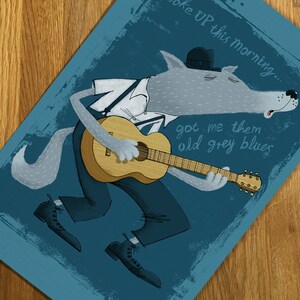 Old Grey Blues Tea Towel by illustrator Simon Cooper