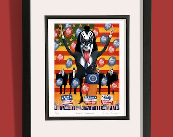 May include: A humorous illustration of Gene Simmons from the rock band KISS, dressed in a suit and giving a political speech. He is standing on a stage with a podium and American flags in the background. The text on the podium reads "Vote 'Demon'" and there are signs in the crowd that say "Gene for President" and "Simmons Rocks!"