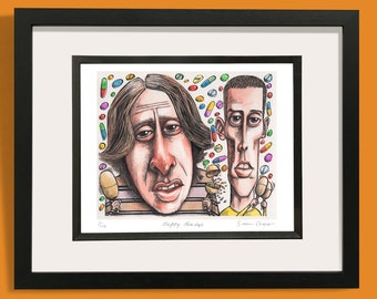 May include: A black and white cartoon illustration of two men with colorful pills surrounding them. The men are holding maracas and the text "Happy Mondays" is written below them.