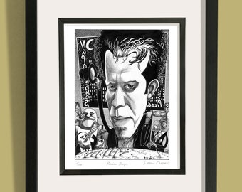 May include: Black and white framed print featuring a detailed illustration of a man with stylized hair and a suit. The artwork includes the text "Rain Dogs" and "Snow Cooper". The print is set against a white mat and framed in a black frame.