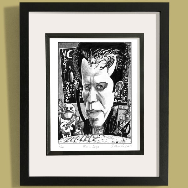 Tom Waits print. Limited edition Giclée print of original artwork commissioned by NME. Signed by illustrator Simon Cooper