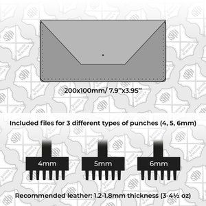 Puede incluir: Un dibujo en blanco y negro de un patrón de cartera con las dimensiones 7,9 pulgadas por 3,95 pulgadas. La imagen incluye texto que dice "200x100mm/7.9"x3.95"". La imagen también incluye texto que dice "Archivos incluidos para 3 tipos diferentes de punzones (4, 5, 6 mm)". La imagen también incluye texto que dice "Cuero recomendado: 1,2-1,8 mm de grosor (3-4 1/2 oz)".