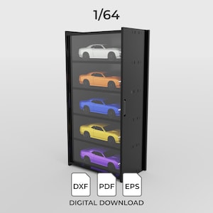 Puede incluir: Una vitrina negra con cinco estantes, cada uno con un coche de modelo de diferente color. Los coches son blancos, naranjas, azules, amarillos y morados. El texto "1/64" está en la parte superior y "DXF PDF EPS DIGITAL DOWNLOAD" en la parte inferior.
