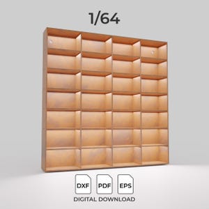 Può includere: Un download digitale di un progetto di libreria in scala 1/64. Il progetto è per una libreria grande e rettangolare con 64 scomparti individuali. Il progetto è disponibile nei formati DXF, PDF ed EPS.