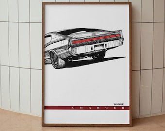 Dodge Charger 1966 - 60s Minimalist Car Poster -  Muscle Car Art