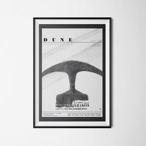May include: Black and white poster for the movie "Dune: Part Two". The poster features a large, abstract drawing of a sandworm, with the title "Dune" in bold, black letters at the top. The text "A Film by Denis Villeneuve" is below the title, and the text "Part Two" is in the upper right corner. The poster also includes the names of the cast and crew, including "Royal Arena" and "Legendary Pictures".