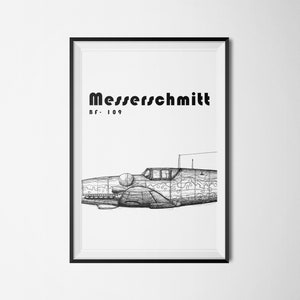Messerschmitt BF-109 - Avión de combate alemán de la Segunda Guerra Mundial - Luftwaffe - Póster minimalista de aviación - Descarga instantánea