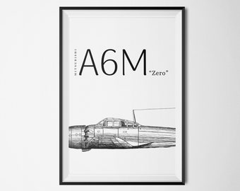 Mitsubishi A6M Zero Print - ww2 Japanese Fighter Plane - Minimalist Aviation Poster - Instant Download