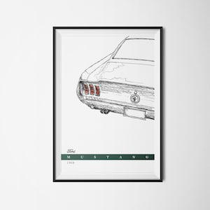 Ford Mustang 1968 - midcentury minimalistische autoposter - direct downloaden