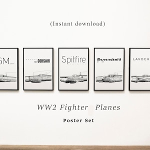 WW2 Fighter Planes Poster Set of Five - Minimalist Aviation History Poster - Instant Download