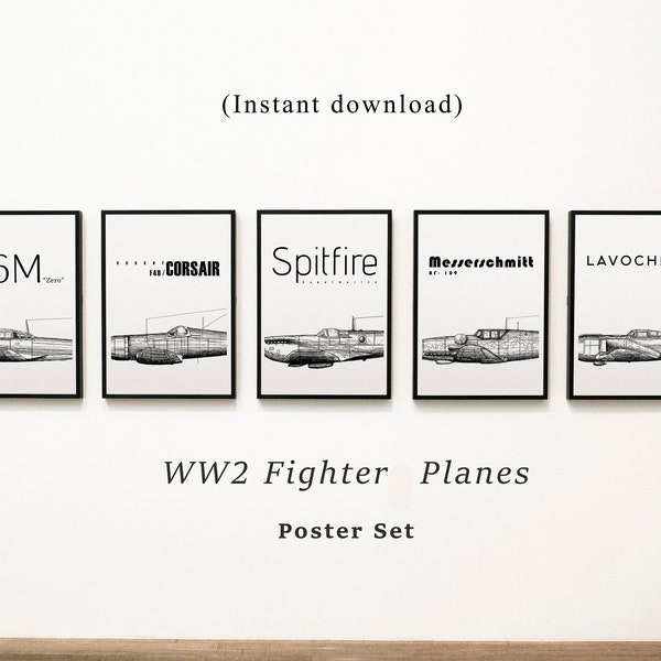 WW2 Fighter Planes Poster Set of Five - Minimalist Aviation History Poster - Instant Download