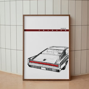 Puede incluir: Un dibujo en blanco y negro de un coche Dodge Charger. El coche está de espaldas y el texto "DODGE CHARGER" está impreso encima del coche.