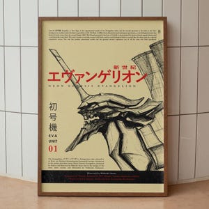 May include: A framed poster with a detailed illustration of a mecha from Neon Genesis Evangelion. The poster has Japanese and English text, including "NEON GENESIS EVANGELION" and "EVA UNIT 01". The artwork is in black and white with red accents.