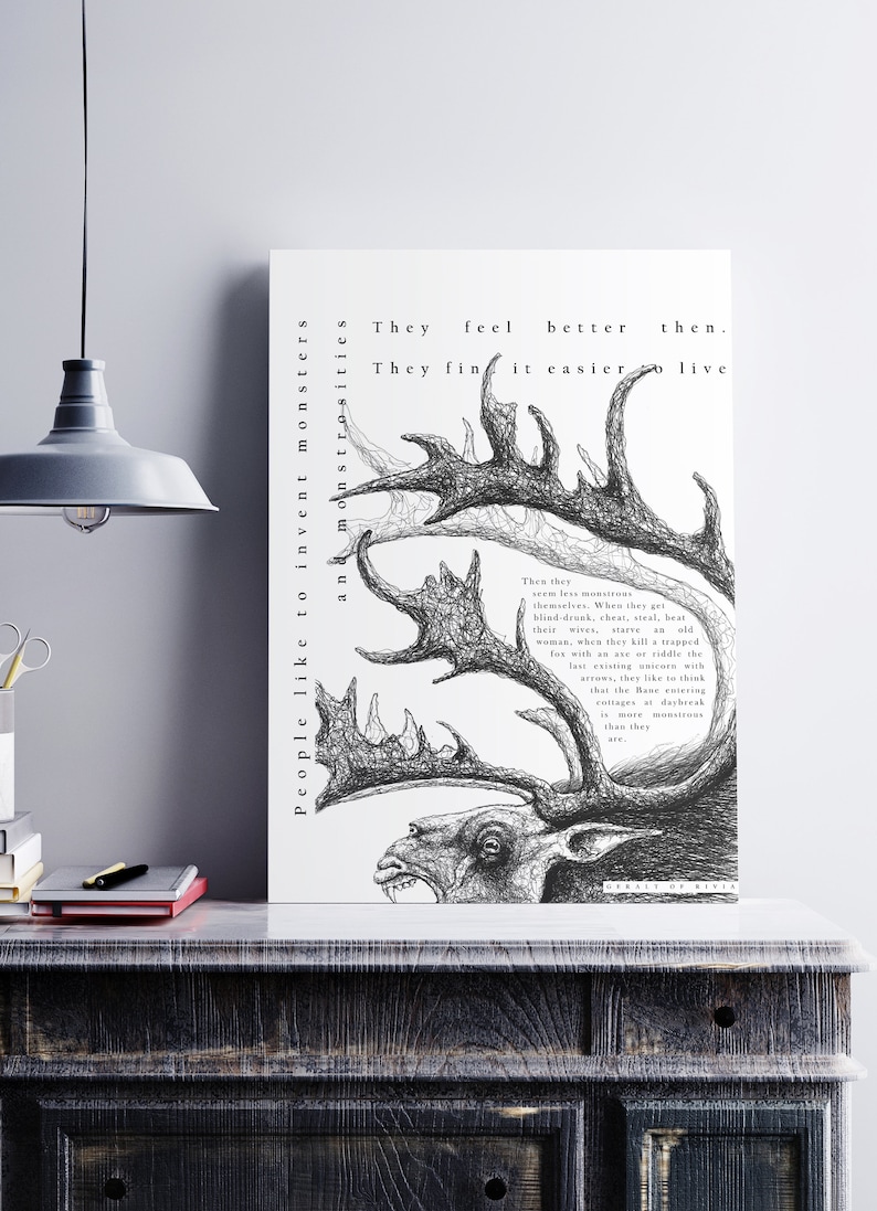 May include: Black and white art print featuring a detailed pen and ink drawing of a stag with large antlers and text. The artwork has a gothic theme and is displayed on a white background.