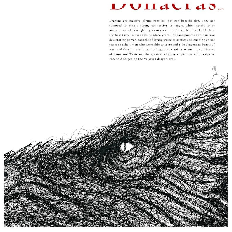 Pu&ograve; includere: Un'illustrazione in bianco e nero di un occhio di drago, con il testo "Dragons are massive, flying reptiles that can breathe fire." sopra l'occhio.