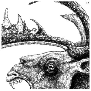 May include: A detailed black and white illustration of a moose's head and antlers. The artwork is created with intricate line work, giving a textured appearance. The moose is depicted with an open mouth, revealing teeth, and a focused gaze.