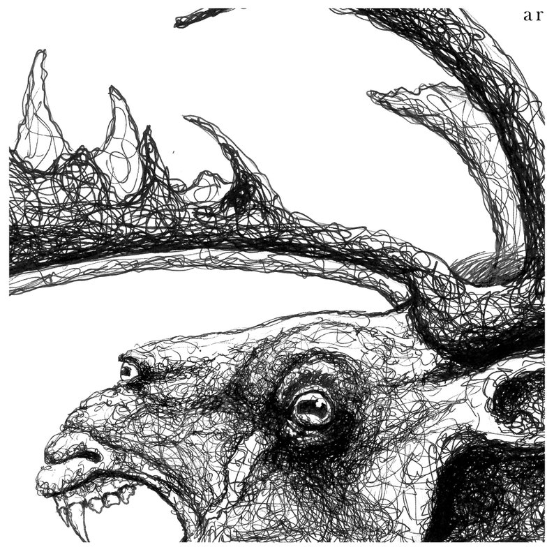 May include: A detailed black and white illustration of a moose's head and antlers. The artwork is created with intricate line work, giving a textured appearance. The moose is depicted with an open mouth, revealing teeth, and a focused gaze.