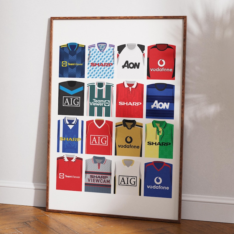 May include: A collage of 16 soccer jerseys with various sponsors, including AIG, SHARP, Vodafone, and TeamViewer. The jerseys are arranged in a grid pattern on a white background.